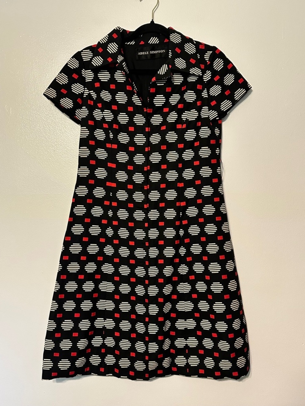 Vintage Adele Simpson Geometric Collared Zip Front Dress Black Red Short Sleeve